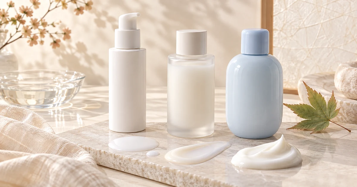 無地の乳液ボトル3本と、みずみずしいミルク・クリームの質感を並べた秋のスキンケアイメージ
